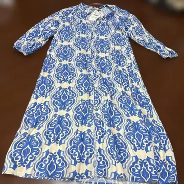 ZARA 다마스크 무늬 롱 셔츠 원피스 블루 XS