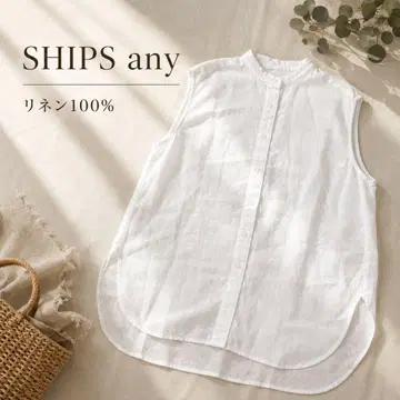SHIPS any 린넨 100% 슬리브리스 블라우스 화이트 밴드 카라