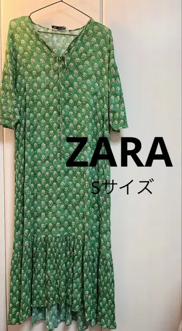 ZARA 꽃무늬 반팔 티어드 롱 원피스 그린 보타니컬 M