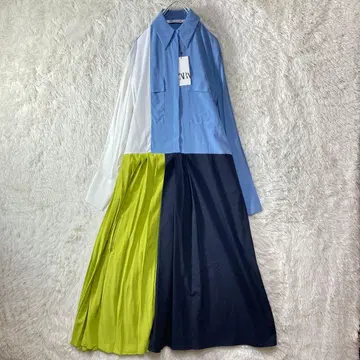 미사용품 ZARA 자라 플리츠 절개 셔츠 원피스 배색 블루 M