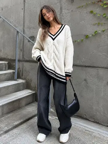 ZARA 자라 케이블 짜임 V넥 니트 스웨터 아이보리 오버 사이즈