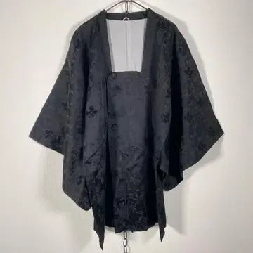 Japanese Vintage 자카드 직조 기모노 블랙 꽃무늬