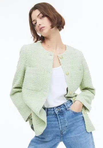 [미사용 새상품] H&M 라이트 피스타치오 그린 트위드 자켓