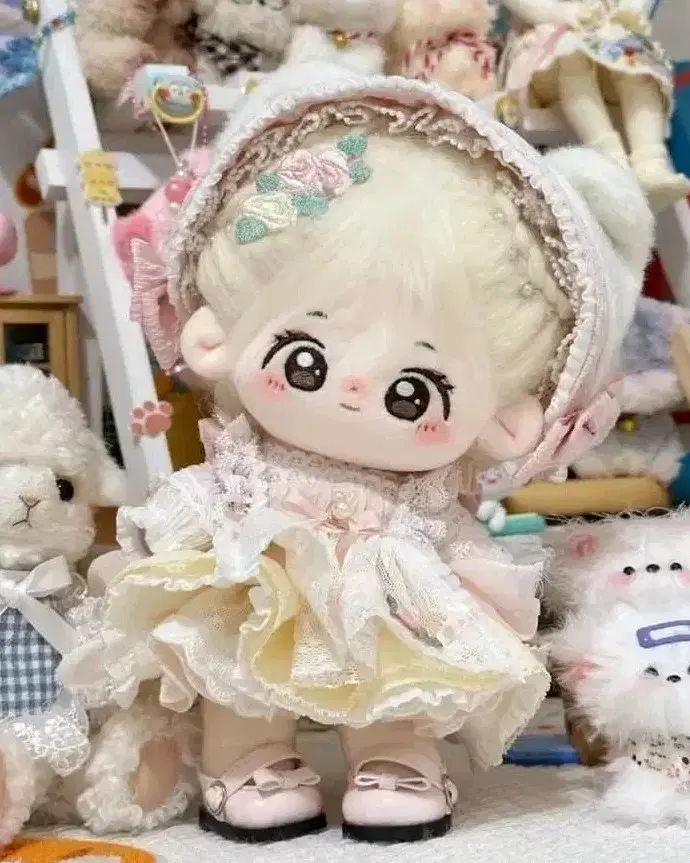 20cm 인형옷 솜인형옷 레이스 보닛 원피스