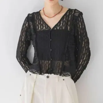 JEANASIS 패치워크 레이스 V 블라우스 블랙