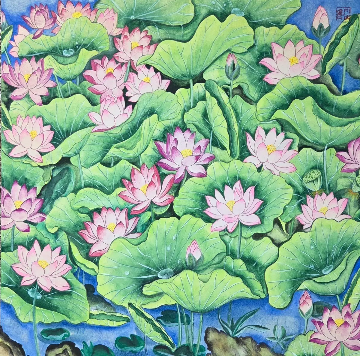 연화만개 연꽃 민화 그림 작품 액자