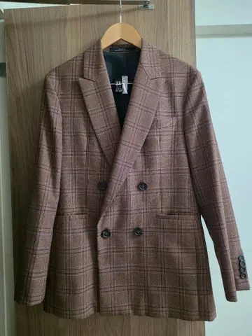 ZARA 체크 무늬 더블 테일러드 자켓 브라운