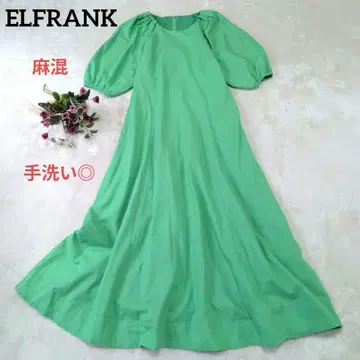 ELFRANK 엘프랭크 퍼프 슬리브 롱 원피스 그린 면린넨