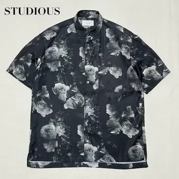 새상품급 STUDIOUS 꽃무늬 반팔 셔츠 블랙 폴리 셔츠 1 일본제
