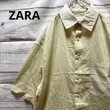 ZARA 주름 가공 스트라이프 오픈 카라 셔츠 반팔 셔츠 시어서커