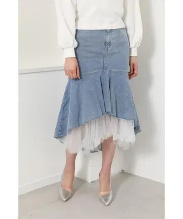 새상품급 rienda 리엔다 머메이드 데님 스커트 튤 블루 화이트