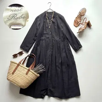 nest Robe 린넨 밴드 카라 개더 긴팔 롱 원피스
