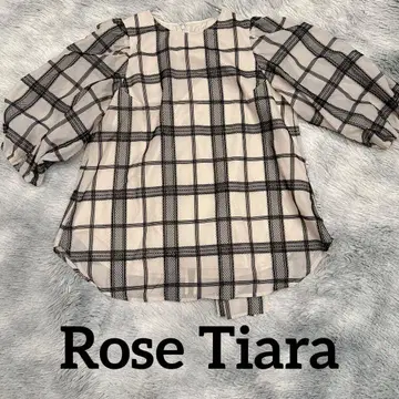 귀여운 Rose Tiara 체크 무늬 레이스 칠부 소매 비침 블라우스