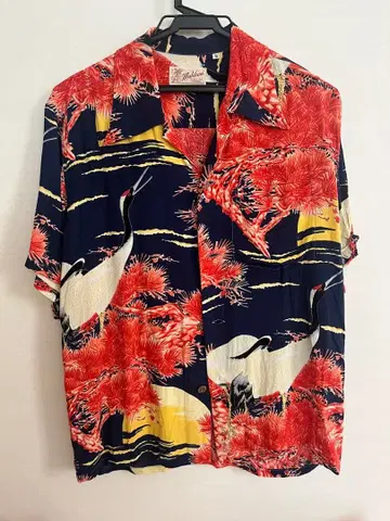 SUN SURF 하와이안 셔츠 학 소나무 패턴 네이비 S