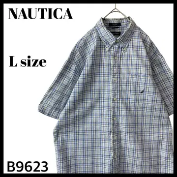 NAUTICA 노티카 반팔 셔츠 BD 셔츠 블루 계열 체크 로고 자수 L