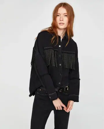 ZARA 블랙 데님 자켓 프린지 스터드