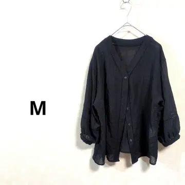 V넥 가디건 7부 소매 비침 블라우스 블랙 M 사이즈 N595