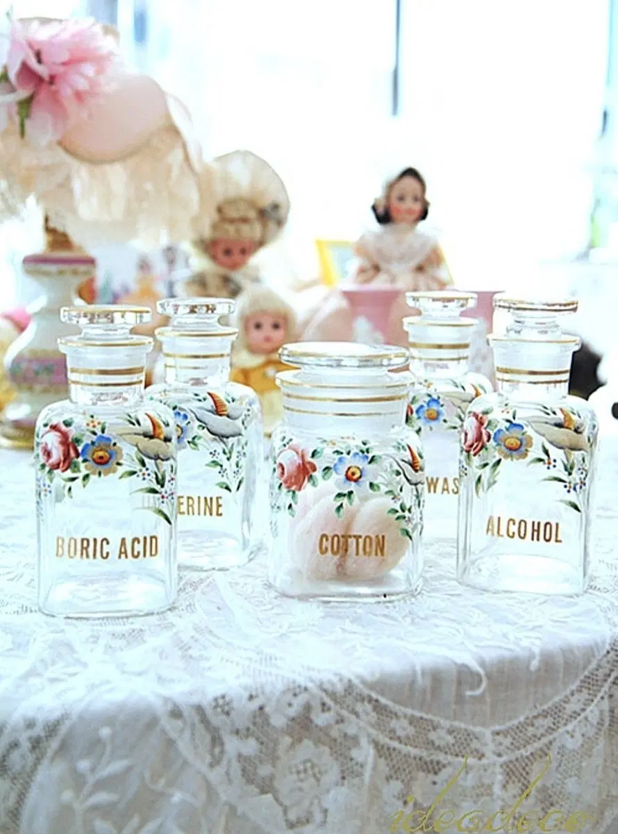 앤틱 프렌치 에나멜 플라워 핸드페인팅 글래스 Jar