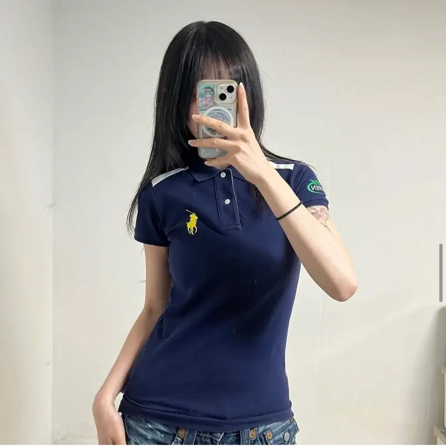 폴로 빈티지 중간포니 작사 네이비 카라 반팔 s