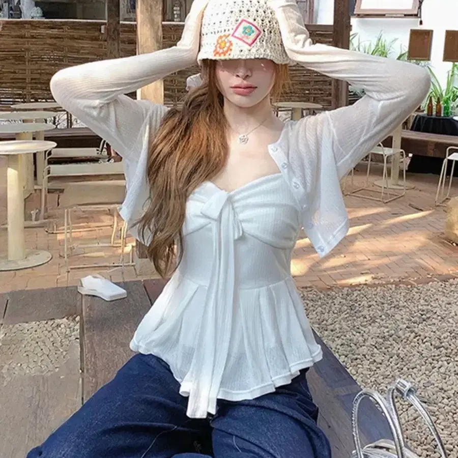화이트 리본 나시 가디건 세트 S