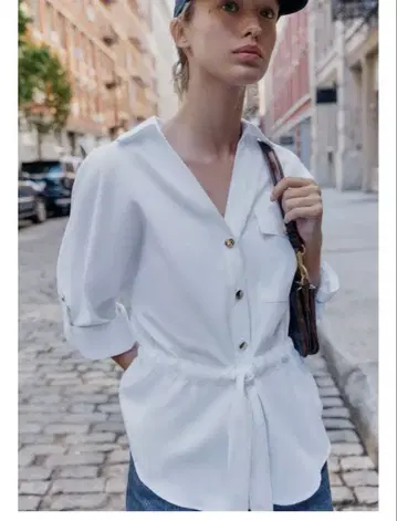정가 5990 ZARA 화이트 드로우 스트링 반팔 셔츠
