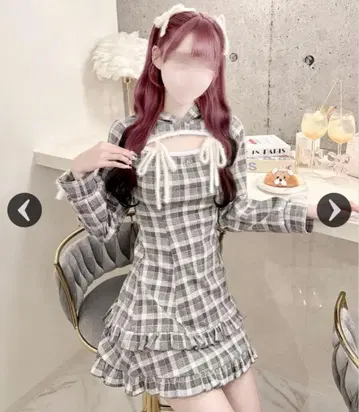 허니뮤우 프릴 체크 후드티 원피스