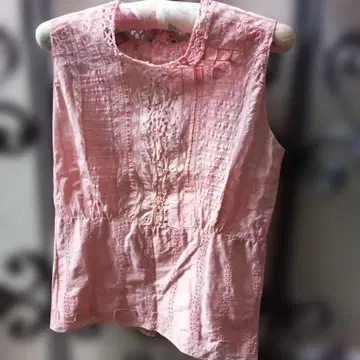 빈티지 핑크 레이스 슬리브리스 블라우스