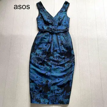 asos 벨트 V넥 꽃무늬 타이트 원피스 블루