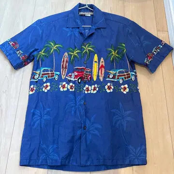 Blue Hawaii 하와이안 셔츠 서핑보드 우디 자동차 패턴