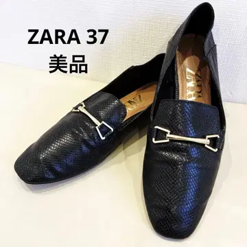 새상품급 ZARA 자라 가죽 플랫슈즈 스퀘어토 골드 엠보