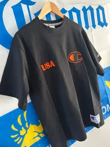 Champion USA 챔피온 티셔츠 블랙 오렌지 L 사이즈