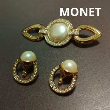 MONET 귀찌 브로치 골드 컬러 모조 진주 큐빅