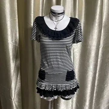 보더 무늬 티셔츠 쉬폰 옷깃 다크 coquette 헤이세이 갸루 일본제
