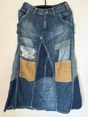 DENIM DUNGAREE 패치워크 롱 스커트