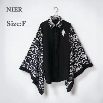 NieR 기모노풍 소매 블로킹 셔츠 블랙 자수 흑백 모노크롬 청해파 무늬