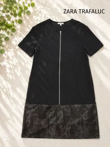 [ 자라 ] 프론트 지퍼 반팔 미니 원피스 블랙 절개 스트레치 S