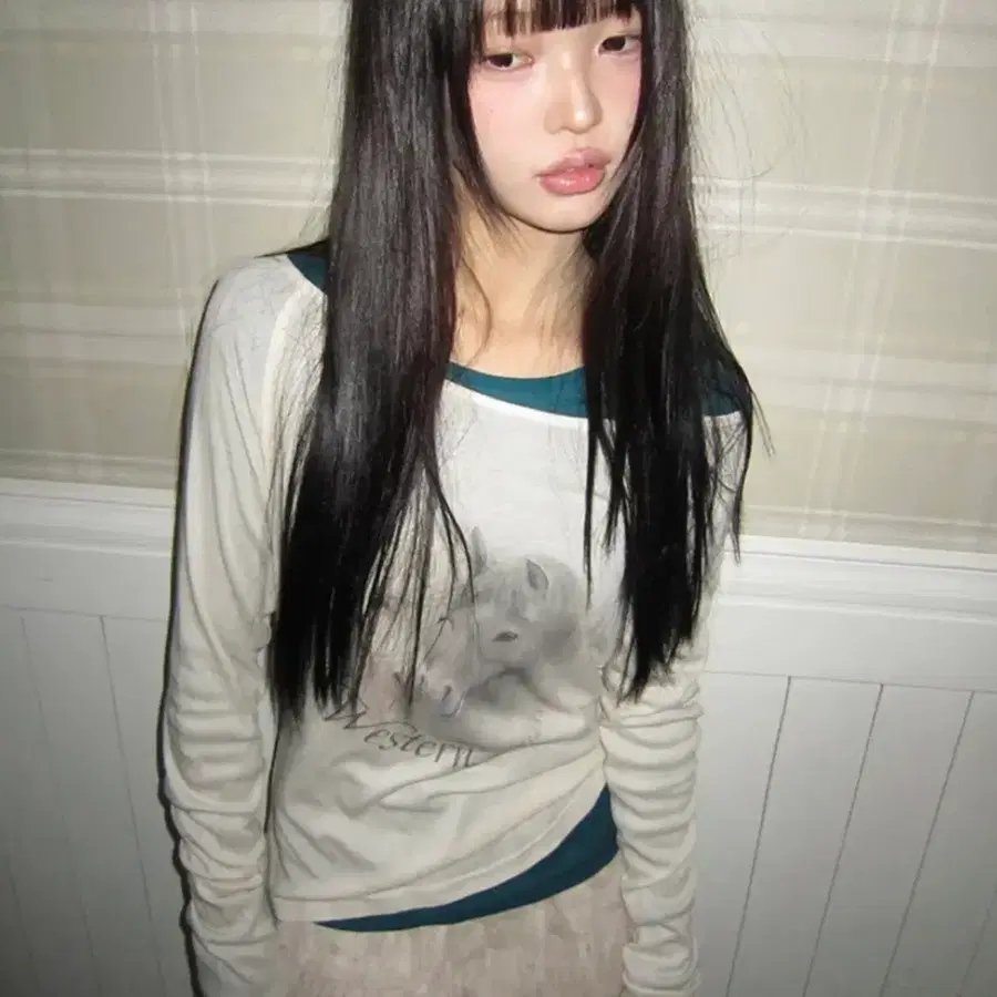 호아 빈티지 호올스 나염 티셔츠 / 레이어드 티 틸그린