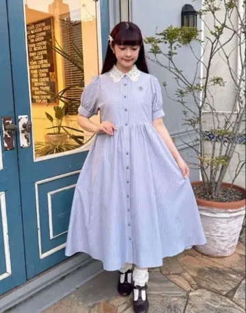 시마무라 아오키 미사코 콜라보 스트라이프 패턴 반팔 원피스 레이스 옷깃