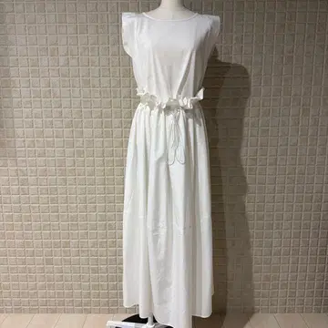 허리 드로스트 슬리브리스 롱 원피스 화이트