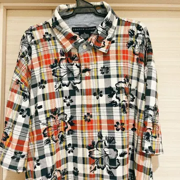 TOMMY HILFIGER 체크 무늬 꽃무늬 반팔 셔츠 L