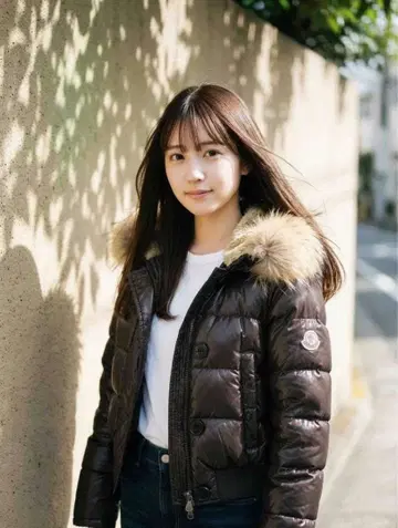 MONCLER 다운 자켓 퍼 포함 브라운