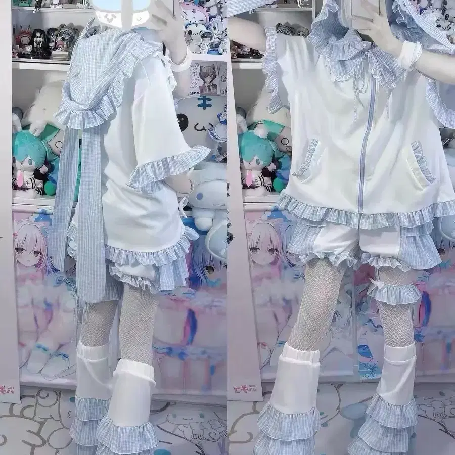 양산형 서브컬처 큐티체크 하늘색 격자 져지+반바지+레그워머+헤어스카프