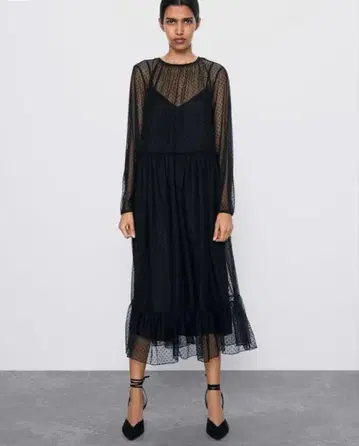 ZARA 도트 자수 장식 세미 시스루 원피스 M