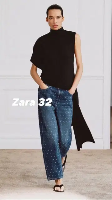ZARA 도트 무늬 와이드 레그 데님 팬츠 32
