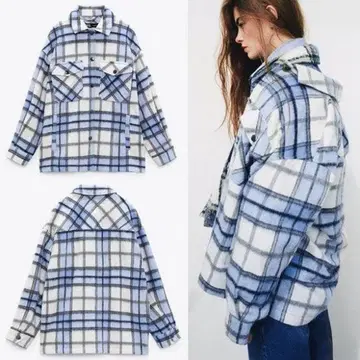 ZARA 체크 빅 셔츠 자켓 블루 S