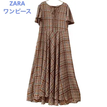 ZARA WOMAN 미인 체크 무늬 롱 원피스 반팔 끈 포함, L