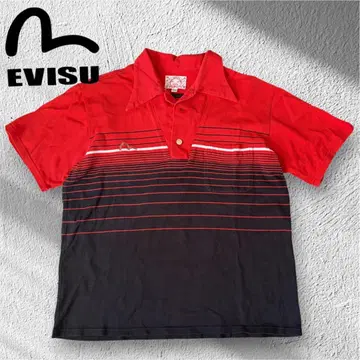 주말 한정판 EVISU 갈매기 자수 반팔 피케 셔츠 보더 레드 블랙 L