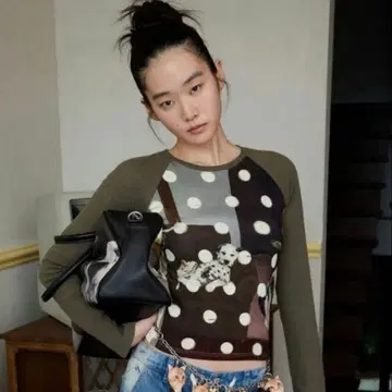 1JINN STUDIO 애니멀 포토 프린트 래글런 T셔츠 Y2K M