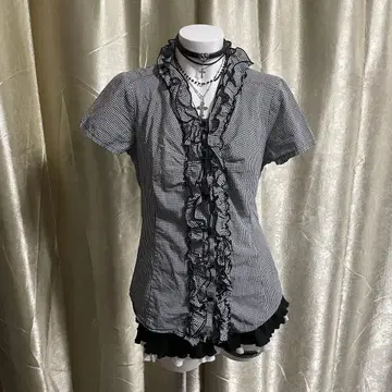 체크 무늬 블라우스 프릴 헤이세이 갸루 히메카지 페어리 그런지