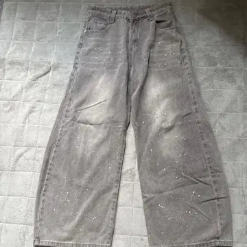 페인트 가공 와이드 데님 팬츠 그레이
